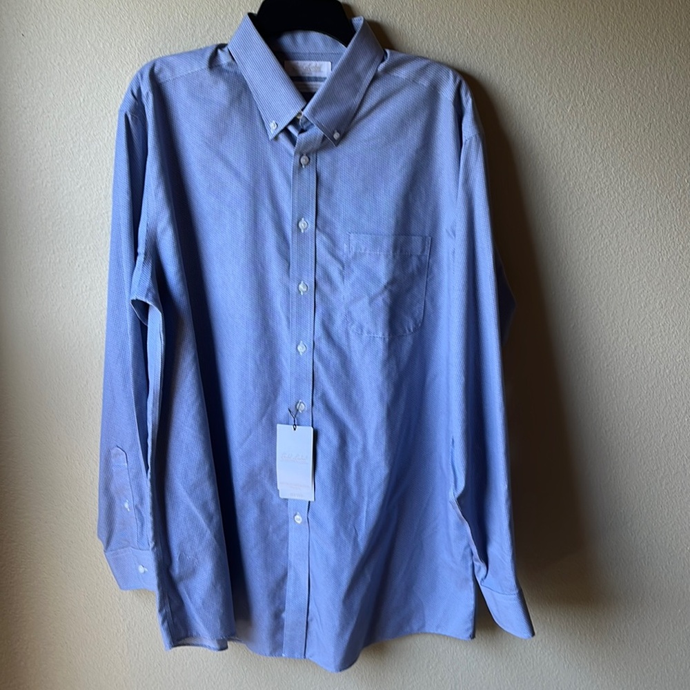 Roundtree & Yorke Gold Label blue patterned dress shirt 16 1/2 x 35 non-iron